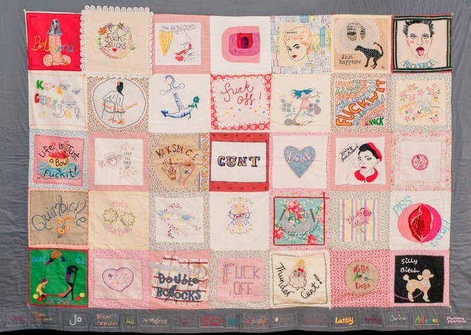 'The Quilt of Profanity' collaborative textile work by the  Profanity Embroidery Group, Whitstable, UK, known for their stitching and swearing #WomensArt