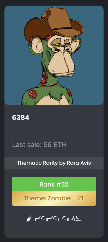 raraavisapp's tweet photo. Congrats to @wrongplace_eth on his acquisition of this clean Zombie Theme Match #BAYC rank #32

#thematicrarity = aesthetics quantified https://t.co/VEisQnsaHl