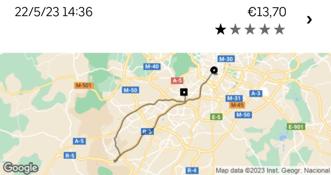 En la 1° foto es el recorrido que normalmente utilizo en Uber para ir de Atocha a mi casa✅
La 2° fue un error del conductor que nos metió hasta por peajes.
Nos dijo que no pasaría nada... 12 días después de haber reclamado, Uber me tiene retenido 100 euros. #estafa <a href="/Uber/">Uber</a>