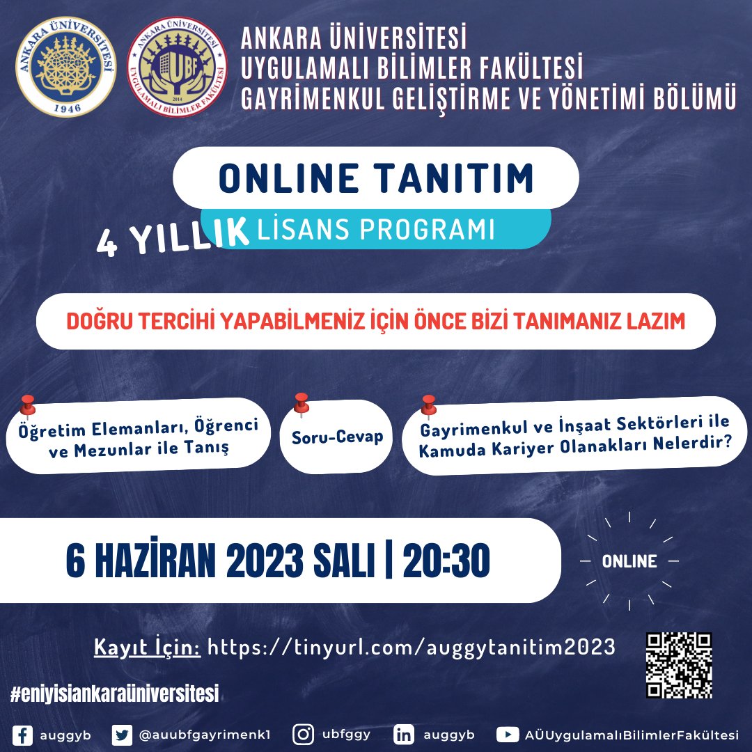 Bölümümüzü tanımadan hedeflerinizi belirlemeyin! Ücretsiz online tanıtım programımıza davetlisiniz. Kayıt için: tinyurl.com/auggytanitim20…
#eniyisiankaraüniversitesi <a href="/ysm006/">Prof.Dr. Yeşim Aliefendioğlu</a> <a href="/AnkaraUni/">Ankara Üniversitesi</a> <a href="/gyoderonline/">GYODER | Gayrimenkul Yatırımcıları Derneği</a> <a href="/tduborgtr/">Türkiye Değerleme Uzmanları Birliği - TDUB</a> <a href="/spkgovtr/">SPK</a> <a href="/SPLisanslama/">SPL</a> <a href="/Tey_Fed/">Tesis Yöneticileri Federasyonu -TEYFED</a> <a href="/PtydPfma/">Profesyonel Tesis Yöneticileri Derneği</a>