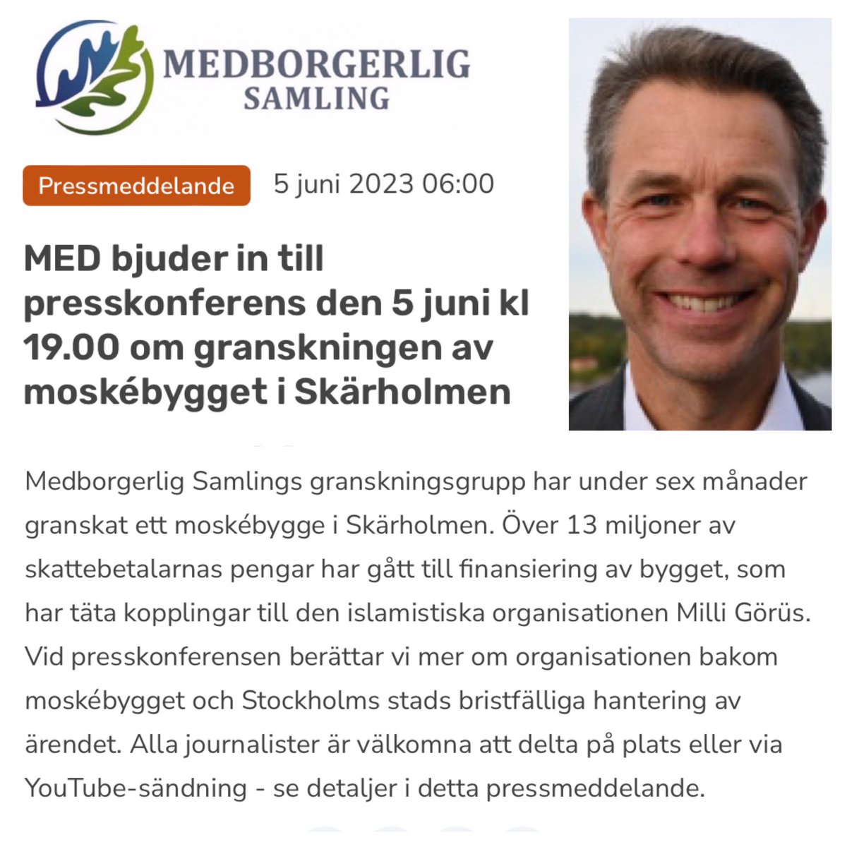 Historien om moskébygget av radikala islamister för över 13 skattemiljoner tycks inte sluta där - det finns mer i den här soppan! Missa inte presskonferensen ikväll 19:00! Mer i pressmeddelandet här: press.newsmachine.com/pressrelease/v…
@MED_Stockholm 
#svpol #08pol #presskonferens