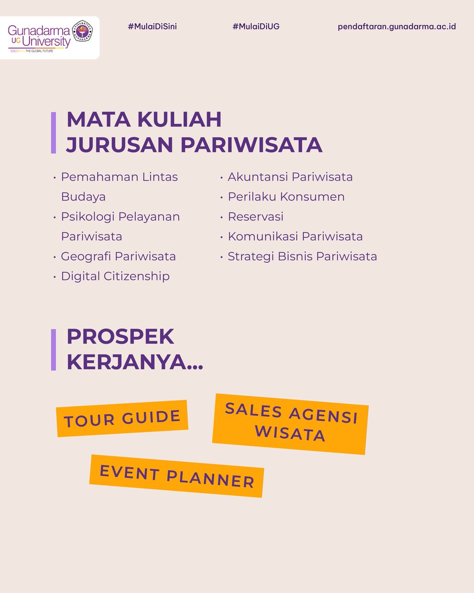 mulaidiUG's tweet photo. Sobat UG yang mau masuk jurusan Pariwisata mana suaranyaaaa?

Yuk, cek dulu nih apa aja yang bakal kamu pelajari di jurusan ini dan apa prospek pekerjaannya. Ada yang mau ditanyain? Reply, ya!

#PMBGunadarma https://t.co/bYP71a3XXj