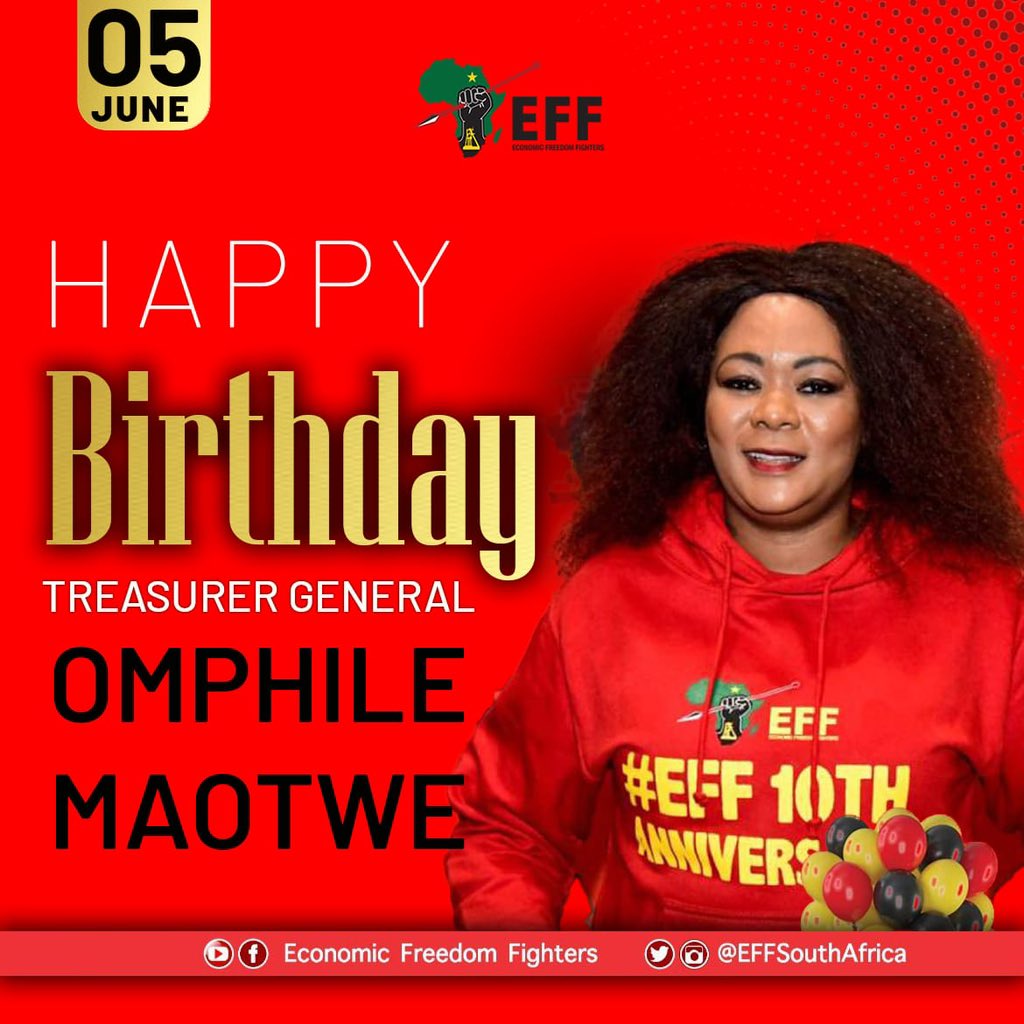Economic Freedom Fighters (@effsouthafrica) on Twitter photo ♦️Birthday Alert♦️
EFF wishes revolutionary birthday to National Treasurer General Commissar <a href="/OmphileMaotwe/">Omphile Maotwe</a>.
-Many happy returns to you, the struggle to emancipate our people continues! ♦️Birthday Alert♦️
EFF wishes revolutionary birthday to National Treasurer General Commissar <a href="/OmphileMaotwe/">Omphile Maotwe</a>.
-Many happy returns to you, the struggle to emancipate our people continues!