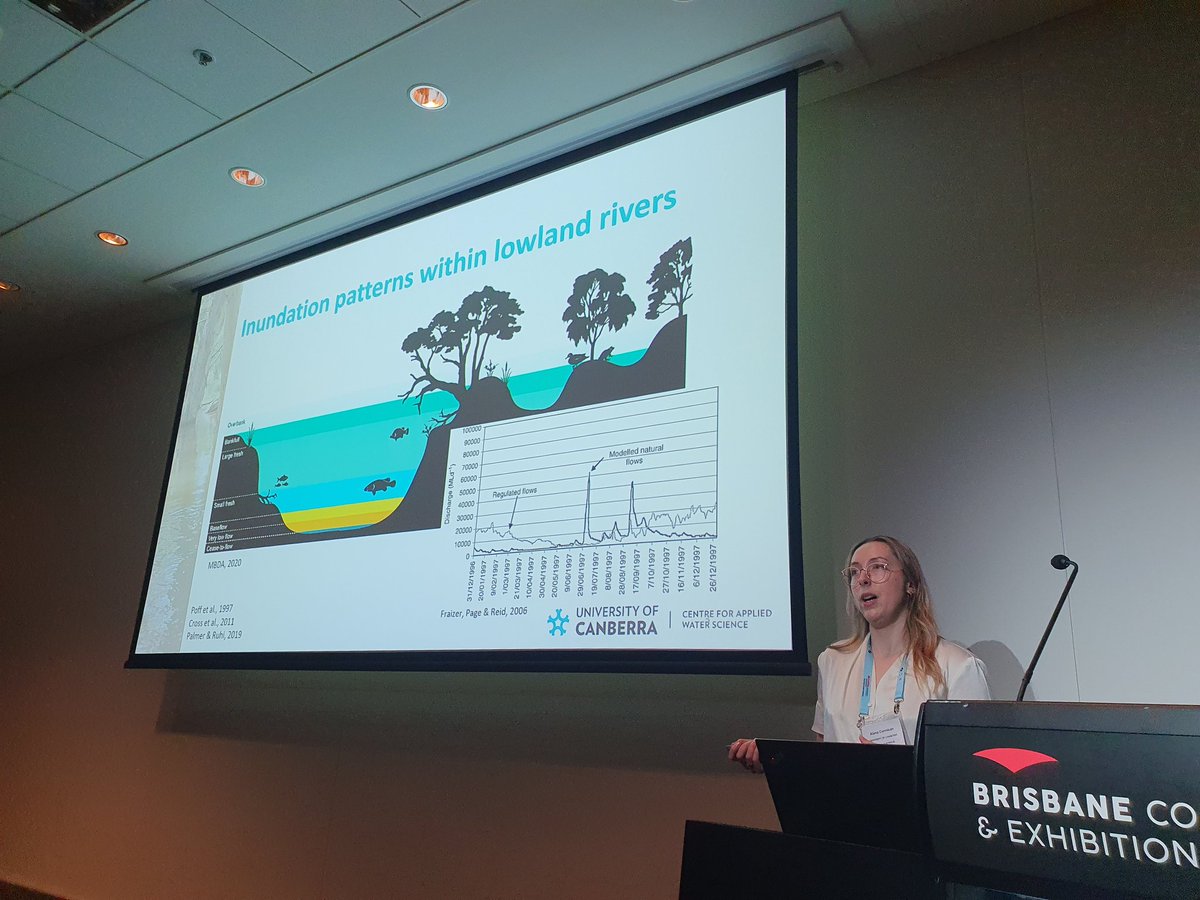 Alana Cormican @alana_cormican presents her PhD work on understanding how floodplain inundation patterns impact algal biomass production #FreshwaterDownUnder @ProfRossatUC @UC_CAWS @Kishor_Mhj