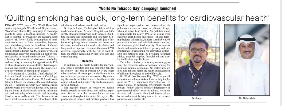 World 'NO' Tobacco Day 2023! @worldheartfed Quitting smoking benefits your cardiovascular health #WorldNoTobaccoDay #QuitSmoking #HeartHealth' arabtimesonline.com/news/quitting-…