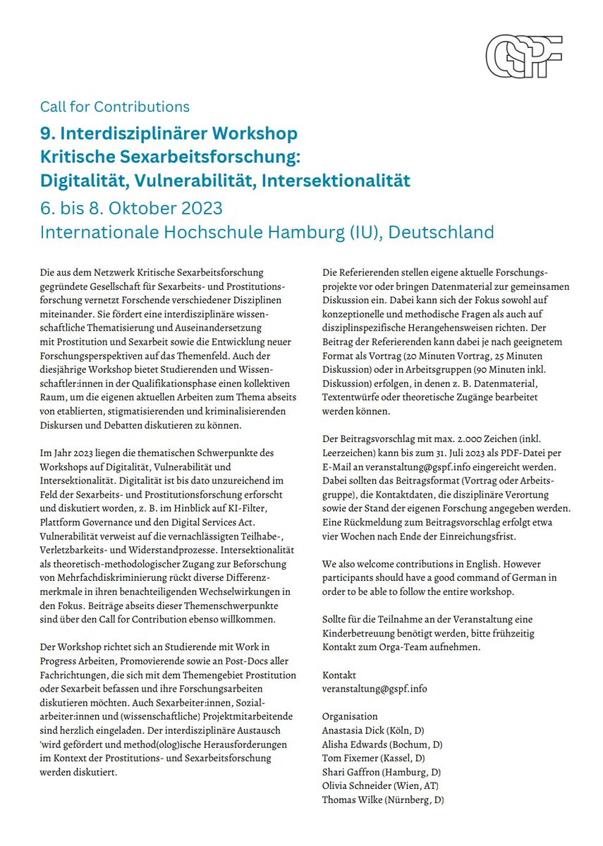 CALL FOR CONTRIBUTIONS
für 
Interdisziplinären Workshop
Kritische Sexarbeitsforschung

Frist 31. 07.2023

mehr unter
gspf.info/veranstaltunge…

#sexworkresearch #GSPF #Prostitution #Sexarbeit