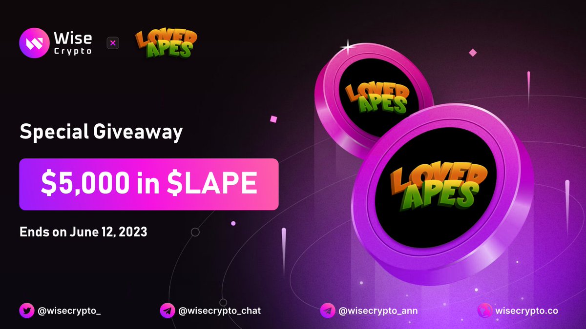 WiseCrypto_'s tweet image. 🥳 Wise Crypto X Loved Apes Giveaway

🏆 Prize Pool - $5,000 $LAPE

To Enter
✅ Follow @WiseCrypto_ &amp;amp; @LovedApes 
✅ RT &amp;amp; Tag 3 Friends
✅ Complete Gleam tinyurl.com/3myw8rts

#Airdrop #Giveaway #Crypto #WiseCrypto #LAPE #IDO #SUI #NFT