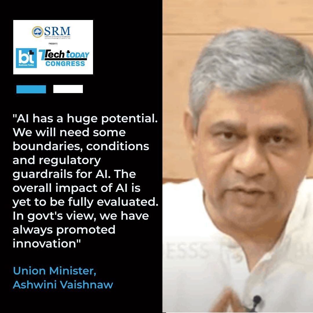 business_today's tweet image. #TechTodayCongress | Union Minister @AshwiniVaishnaw talked about the future of #AritificialIntelligence and the need for placing some rules and regulations to avoid the misuse of this technology. While recognising the immense possibilities AI presents, he said, "Potential