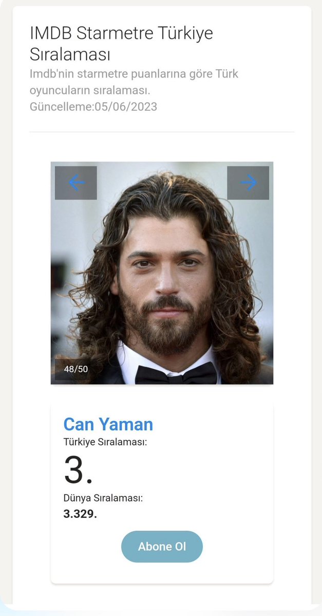 NEW| #CanYaman is no 3 from all Turkish actors and actresses on IMDB chart week commencing 05/06/23. #CanYaman is positioned as no 3329 from 11M artists monitored worldwide.

Top 3 for 16 weeks
Top 5 for 21 weeks

imdb.com/name/nm7097848/