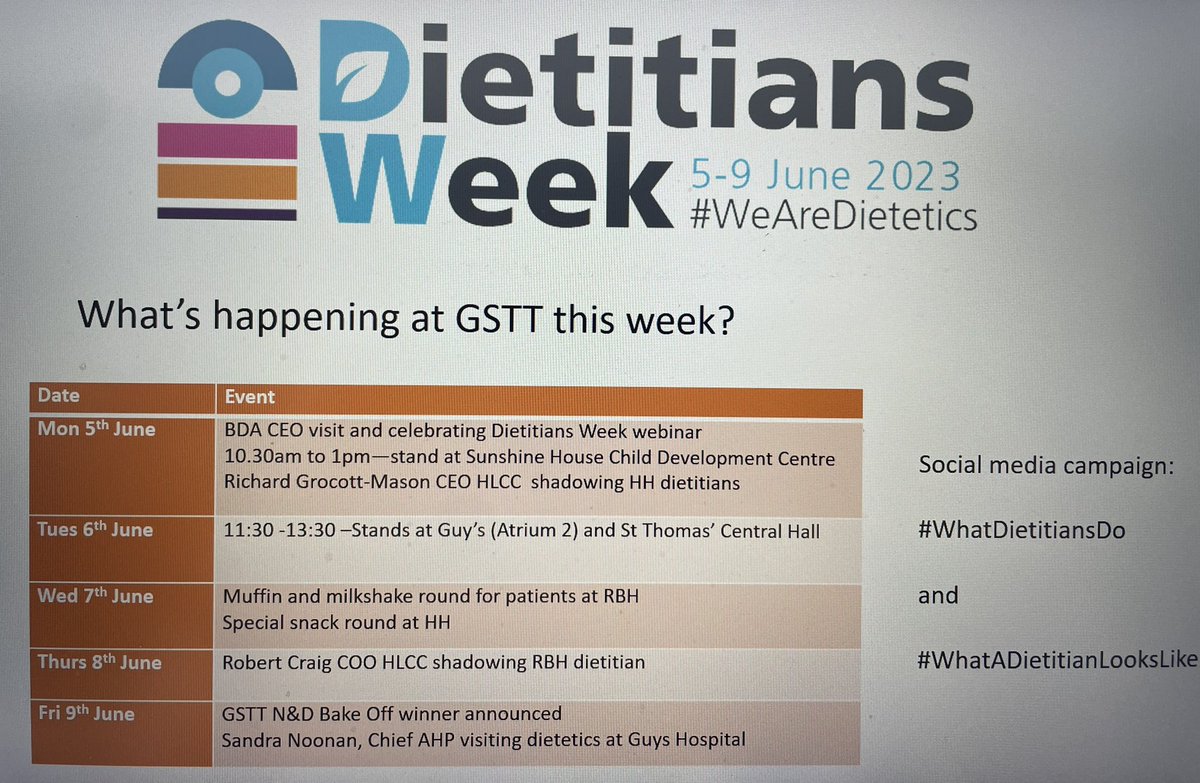 It’s #dietitiansweek2023 and we have lots planned @GSTTnhs Looking forward to @BDALizStockley & @NajiaQureshi joining us this morning #WeAreDietetics @BDA_Dietitians