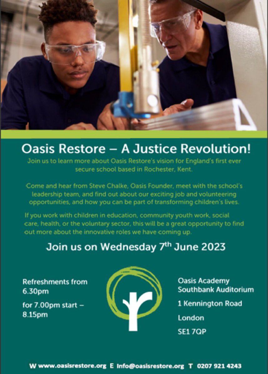 It’s a revolution! Restoration rather than retribution for children in the justice system. Hear more about our exciting range of career opportunities @OasisRestore this Wednesday, June 7, 7-8.15pm, Oasis Academy Southbank, Waterloo, London. See you there! eventbrite.com/e/oasis-restor…