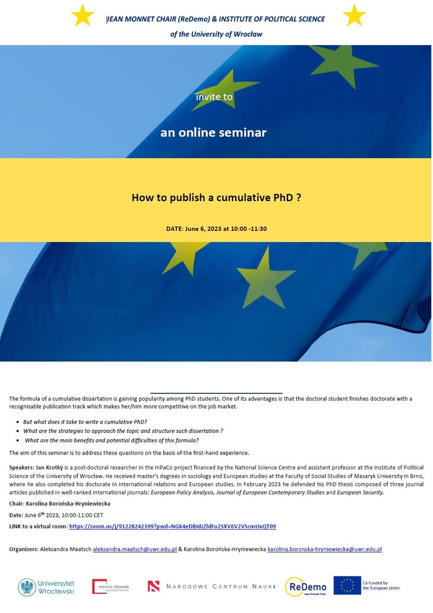 Are you a #PhD student, candidate or a supervisor? 
📌Join us tomorrow 6 June at 10:00-11:30 CET to find out how to publish a cumulative PhD. <a href="/HonzaKrotky/">Jan Kotýnek Krotký</a> will share his first-hand experience 👇👇
Zoom link: zoom.us/j/91228242399?…
<a href="/NCN_PL/">Narodowe Centrum Nauki</a> <a href="/NAWAPoland/">NAWA Polish National Agency for Academic Exchange</a> 
#AcademicTwitter #academia