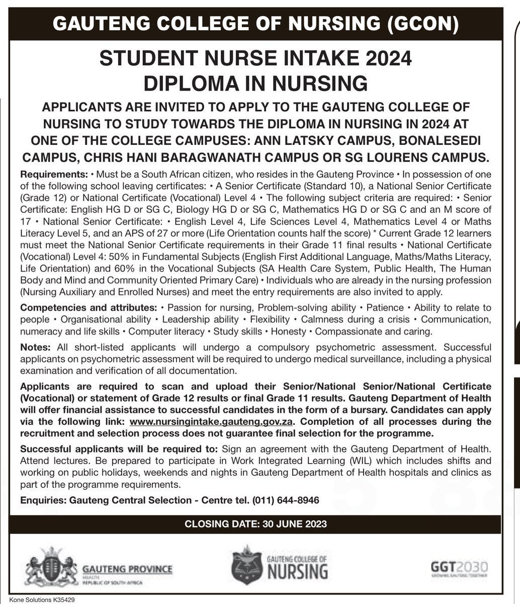 Gauteng College of Nursing

Student Nurse Intake 2024