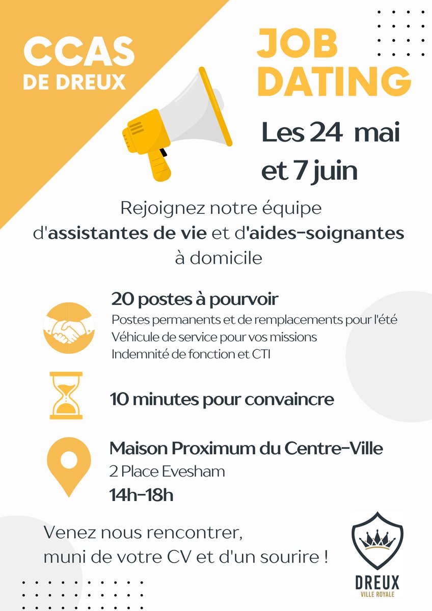🔜#jobdating le mercredi 7️⃣ juin de 14h à 18h avec le CCAS de <a href="/dreuxofficiel/">Dreux Officiel</a> 
📍Maison Proximum du centre-ville 
🎯 #aides à #domicile et #aidesoignants H/F
✅#cdi #cdd 
⚠️Permis B
#TousMobilisés #AvecPoleEmploi #Dreux #Santé #Soin #Gérontologie <a href="/nacera_abbas/">nacera abbas</a> <a href="/ValLefrancois28/">Lefrançois Valérie</a>