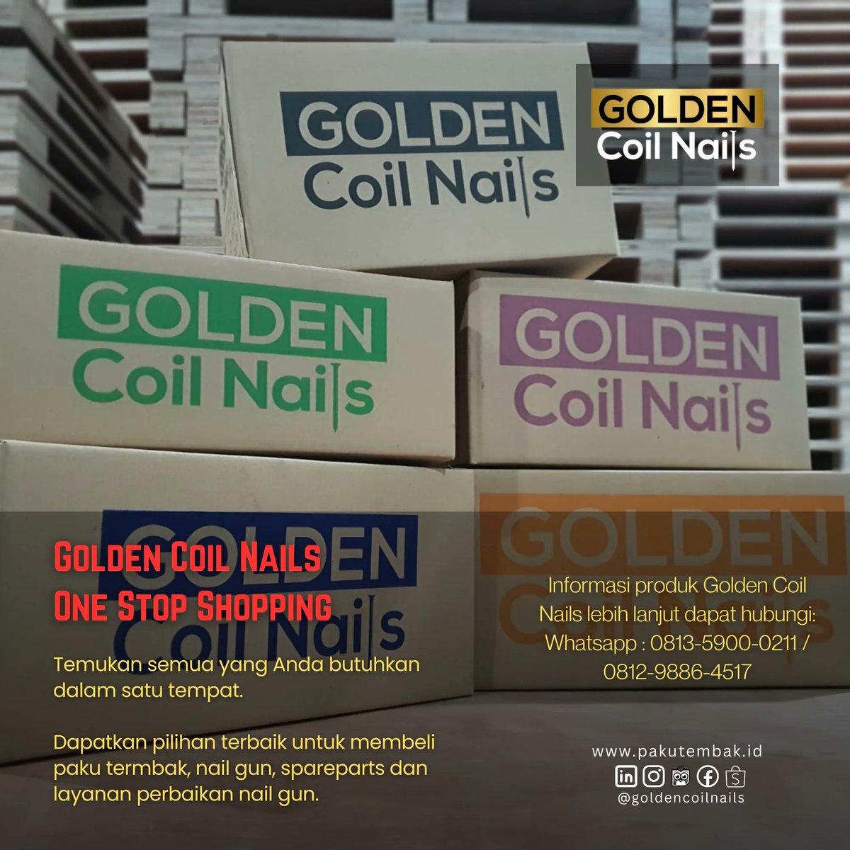 🔨 Perkuat perakitan pallet Anda dengan Golden Coil Nails! 🔨

#pakutembak #goldencoilnails #pallet #palletwood #palletkayu #paku #kayu #kayupallet #plywood #pakutembakgolden #goldenpakutembak #produksilokal #terbaik #CN55 #CN70 #coilnailer #onestopshopping