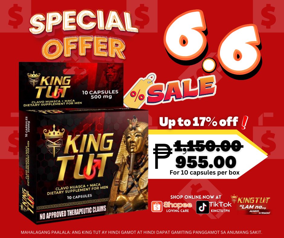 kingtutph's tweet photo. ❗️𝗦𝗣𝗘𝗖𝗜𝗔𝗟 𝗢𝗙𝗙𝗘𝗥 𝟲.𝟲 ❗️𝗨𝗽 𝘁𝗼 𝟮𝟬% 𝗼𝗳𝗳❗️
Wag nang magpatumpik tumpik pa! Halina’t mag KING TUT na❗️😎❣️

✅ FDA approved 
✅ Hypoallergenic 
✅ 100% organic
✅ All Natural Ingredients
✅ No Harmful Chemicals
✅ Proven Safe and Effective

#Shopee66MidYearSale https://t.co/WIb6lzuk4g