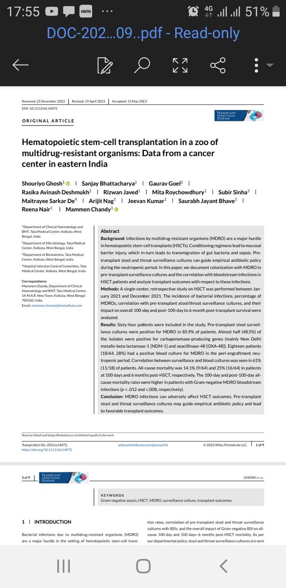 in this paper published in Transplant Infectious Disease we have tried to describe the challenges of Bone Marrow Transplantation in a high MDRO endemicity setting 
pubmed.ncbi.nlm.nih.gov/37260056/