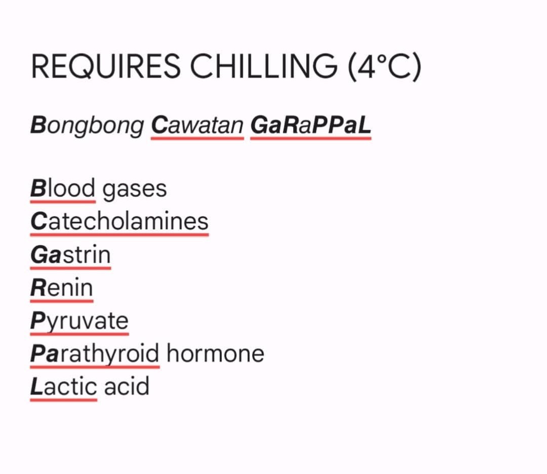 cleog00de's tweet photo. Analytes that require chilling. This mnemonics is brought to you by MAHARLIKA FUND. Good luck RMTs by August 2023. 

#rmt #mtle https://t.co/ZnYNEJTiMA