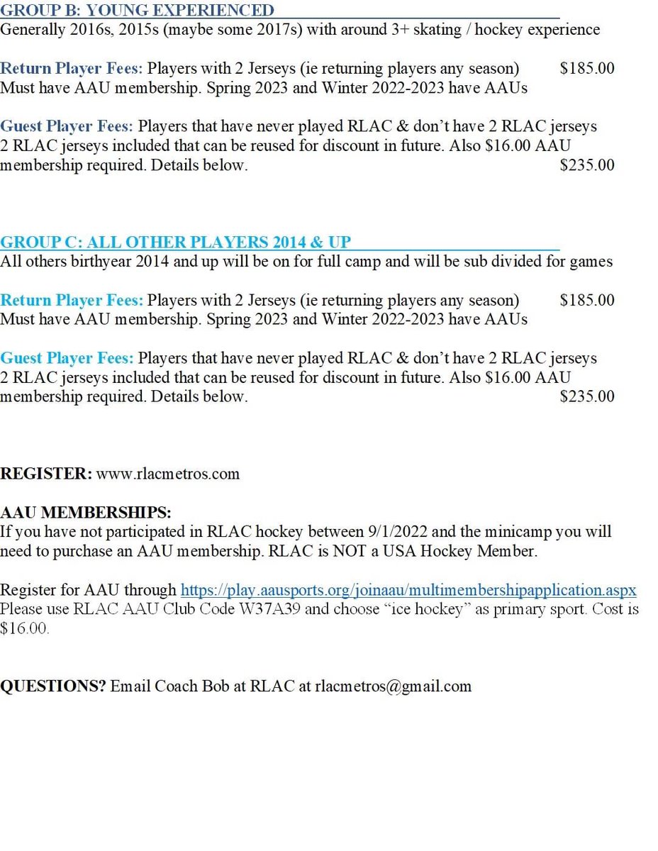 rlacmetros's tweet photo. RLAC Summer MiniCamp / Jamboree Sat 7/29 open to RLAC and Guest players! Full teams welcome as well. Email rlacmetros@gmail.com for more details.
@4LocalKidsSport 
@CabinJohnIce 
@ChirpinDMV 
@CRHRHockey 
@WheatonIce 
@Bethesda_Mag 
@DCTitansHockey https://t.co/IWxkjdNQpC