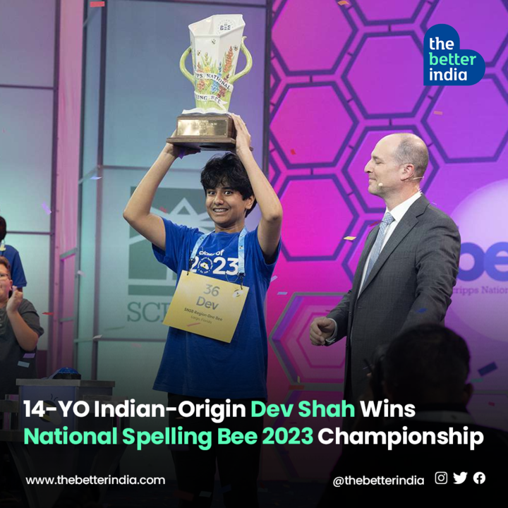 thebetterindia's tweet photo. "It’s surreal. My legs are still shaking. This win reassured me that I should never give up, no matter what,” says 14-year-old #DevShah, who won the 2023 Scripps National Spelling Bee Competition after correctly spelling the word #Psammophile. https://t.co/MyFD3wdzRd