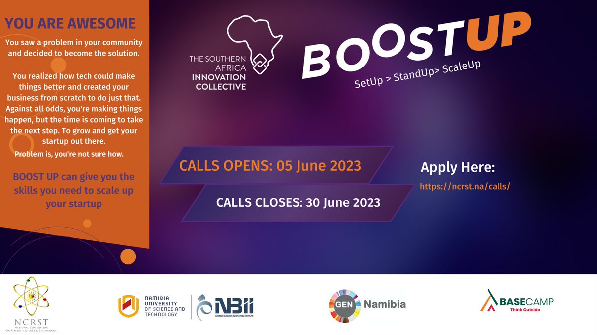 📢 Attention tech startups! 🚀 Apply now for BOOST UP 2023 brought to you by SAIC, NCRST, NUST, NBII at NUST Namibia, GEN Namibia, and Base CAMP. Enhance your pitching skills and become investment-ready to tackle societal challenges. Visit: ncrst.na/calls. #BOOSTUP2023