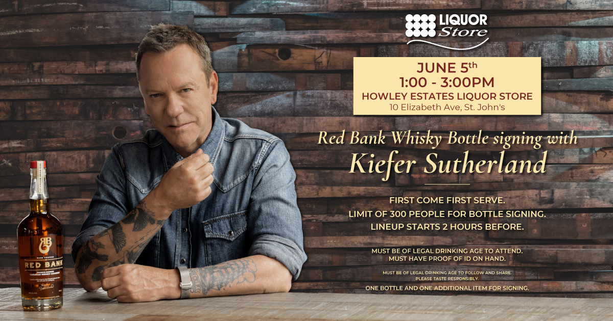 ⏰TODAY 1PM to 3PM at Howley Estates Liquor Store! Don’t Miss the🥃Red Bank Whisky Bottle Signing with 🤩 Kiefer Sutherland! Please note this event is first come first serve with a maximum of 300 people. @RedBankWhisky