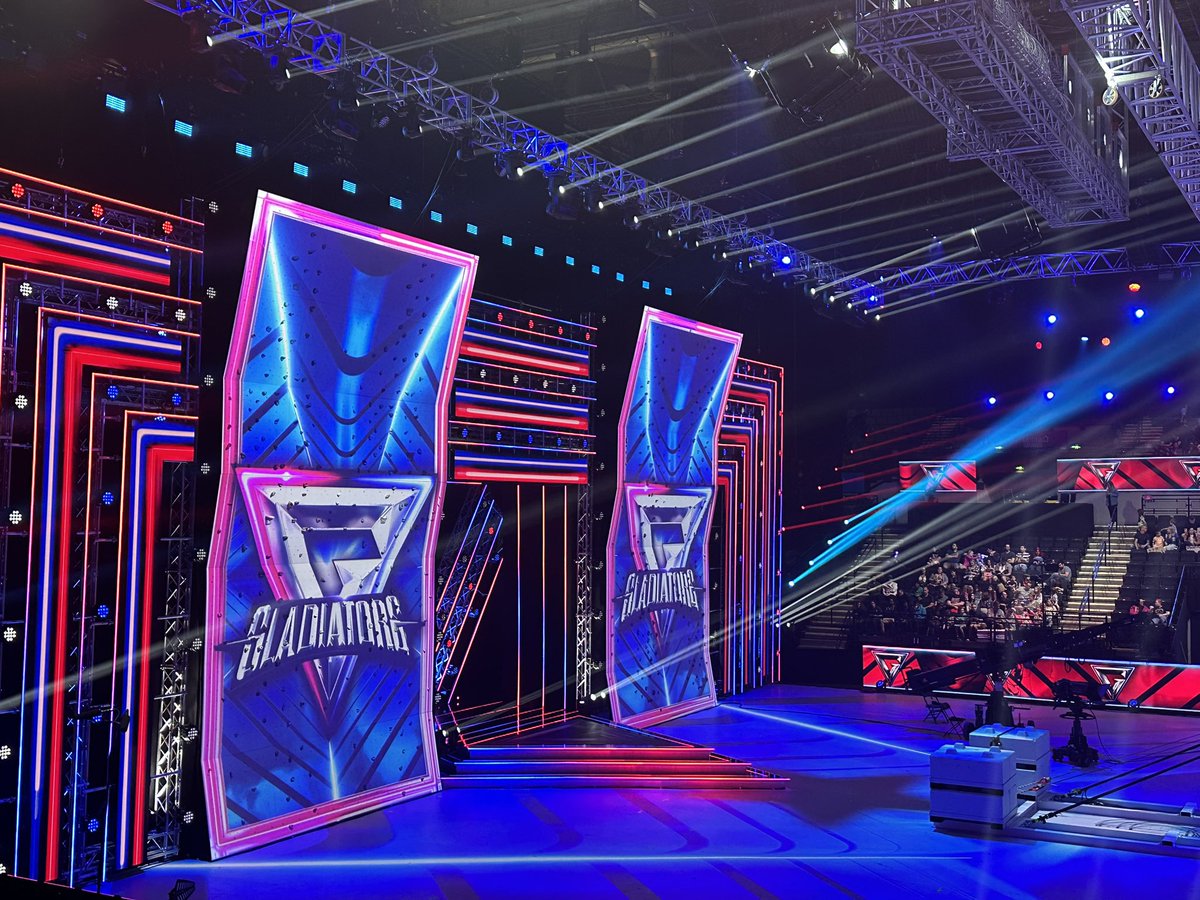 SimonR's tweet image. On set of the new series of Gladiators. 9 year old me is overexcited 🤩
