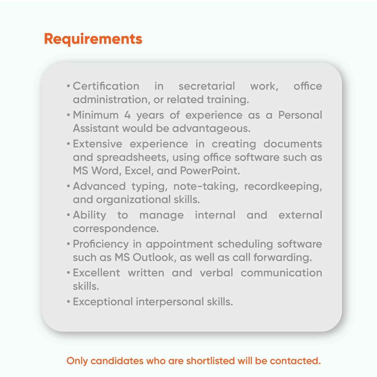 To be considered for the job, please apply by sending your application to jobs@shugulika.com.

Please note that only candidates who are shortlisted will be contacted.

#PersonalAssistantJobs #ExecutiveAssistantJob #PAtoCEOJobs #ExecutiveSupportJobs #ExecutiveSecretaryJobs