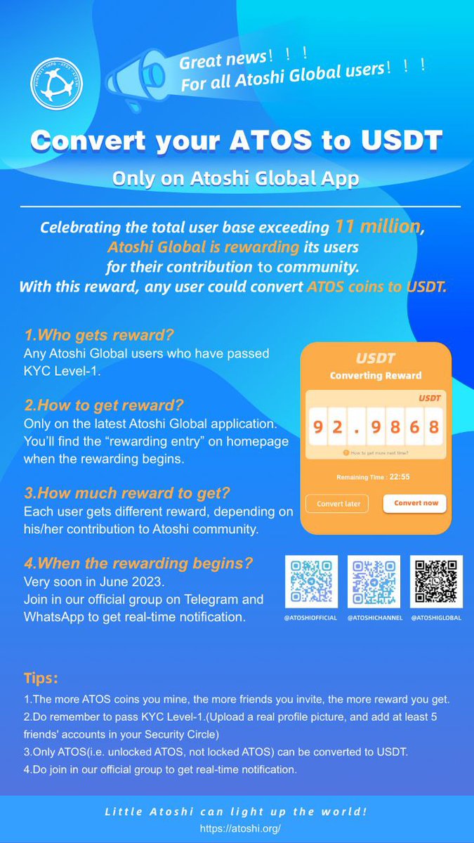 atoshiofficial's tweet photo. Great news!
Atoshi Global is rewarding its users, celebrating its global user base exceeding over 11 million.
ATOS coins can be converted to USDT.
Check the poster to get more details and tips. https://t.co/WUxMvOD21f