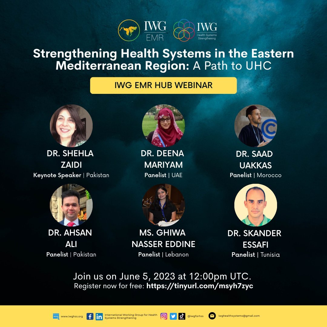 📢 Excited to kick off the IWG EMR Hub's webinar on Achieving Universal Health Coverage (UHC)! Join us as we explore equitable access to quality health services in the region. Let's work towards a healthier Eastern Mediterranean. #UHC #IWGEMRWebinar