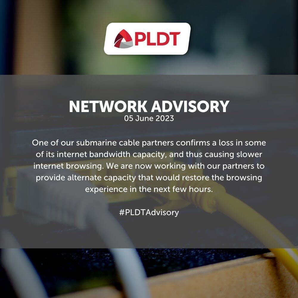 PhilippineStar's tweet photo. HEADS UP, PLDT WIFI USERS!

In an advisory on Monday, PLDT Inc. informed their customers that one of their submarine cable partners confirmed a loss in some of its internet bandwidth capacity, causing slower internet browsing. (Twitter/PLDT Inc.) https://t.co/AbvWTA9qQd