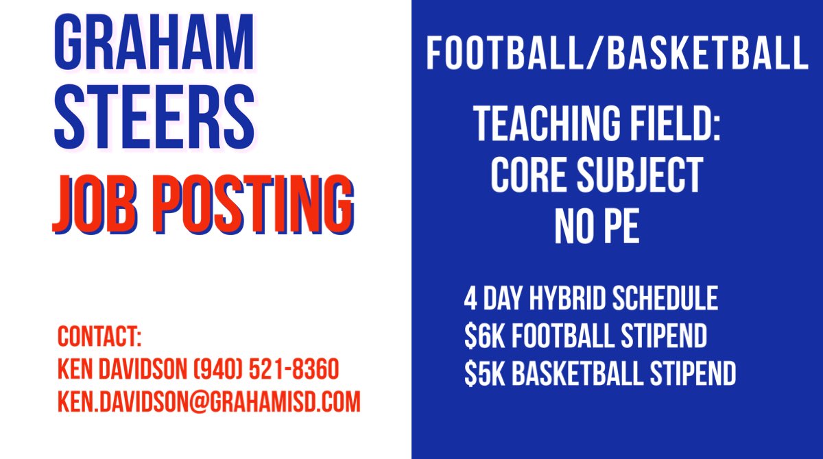 ***JOB POSTING*** Football/Basketball <a href="/kendavidson15/">Ken Davidson</a> <a href="/clay_mcch/">Clay McChristian</a> <a href="/CoachKWheeler/">Kyle Wheeler</a> <a href="/Coach_Hise/">Kristopher Todd Hise</a> <a href="/THSCAcoaches/">THSCA</a> <a href="/Matt_Stepp817/">Matt Stepp</a> <a href="/Tabchoops/">𝙏𝘼𝘽𝘾🏀📋</a> <a href="/ClubGraham/">Graham Athletic Booster Club</a> <a href="/BigCountrySport/">Evan Ren</a> <a href="/Coach__Lee/">Lee</a> @CoachAcostaGHS