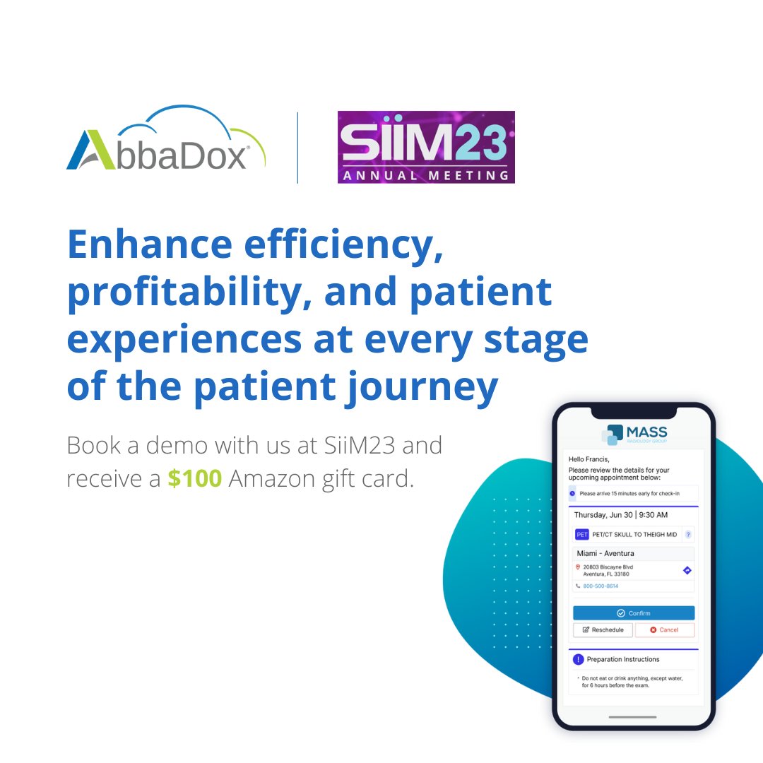 AbbaDox's tweet image. Book a meeting with AbbaDox at the @SIIM_Tweets  Annual Meeting and you'll get a $100 Amazon gift card to show our appreciation!

Secure your meeting spot for a personalized demo here:
hubs.la/Q01ScyZV0

#ImagingInformatics #WorkflowSolutions #RIS