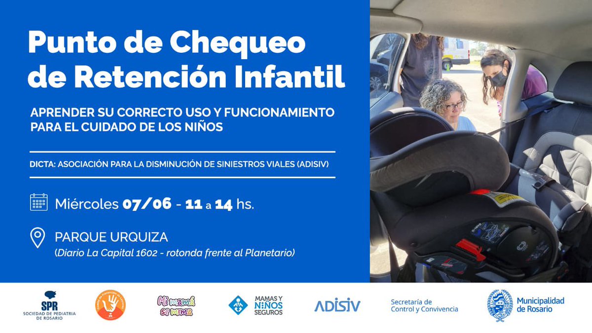 El próximo 07/06 estaremos de 11 a 14 hs en el Parque Urquiza junto a <a href="/ADISIV_/">@ADISIV</a> realizando un Punto de Chequeo de Retención Infantil para cuidar a nuestros niños y contribuir a reducir siniestros viales. 

Inscribite acá: forms.gle/tjrWLoSgVWEyGr… 
Los esperamos.