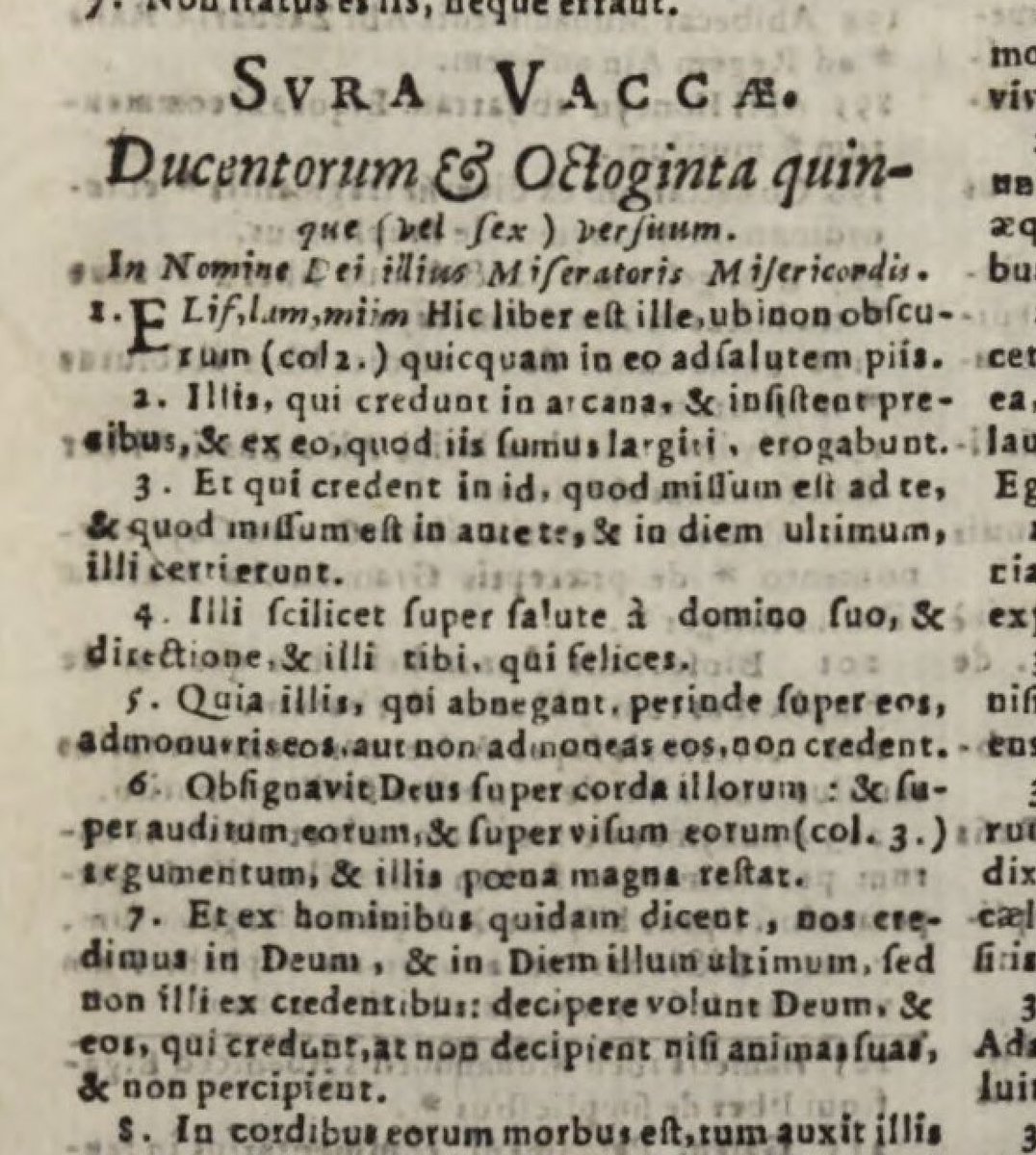 Philology &amp; the limits of typography: Christian Ravius, in his 1646 edition of the first two surahs, didn’t have Arabic type &amp; used a clever workaround, giving a translation followed by a transliterated word-by-word gloss in numbered columns, which are noted in the translation