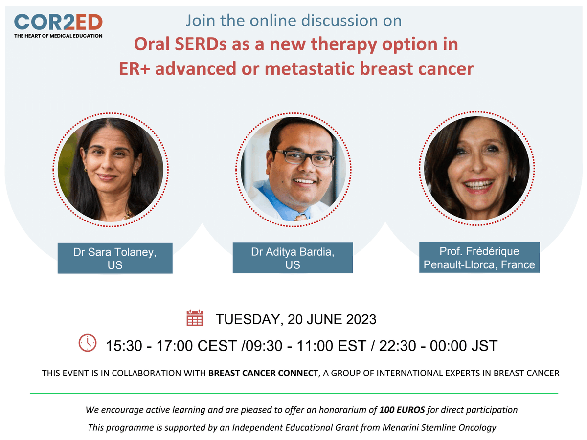 📢 Only 2 weeks to the event! 

BOOK YOUR SPACE NOW! 👉ow.ly/hFpe50OrXgm

Hosted by Dr Tolaney (@stolaney1) Dr Bardia (@dradityabardia) and Prof. Penault-Llorca

Join them in the online discussion on #oralSERDs for #ER+ advanced/metastatic #breastcancer

#MedEd #bcsm #MBC