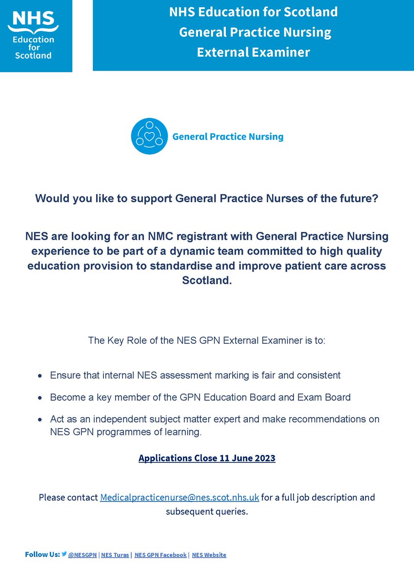 Contact Medicalpracticenurse@nes.scot.nhs.uk for a full job description and application. @CPDConnect @GeneralNes @NHS_Education @NESnmahp @nes_qi @nes