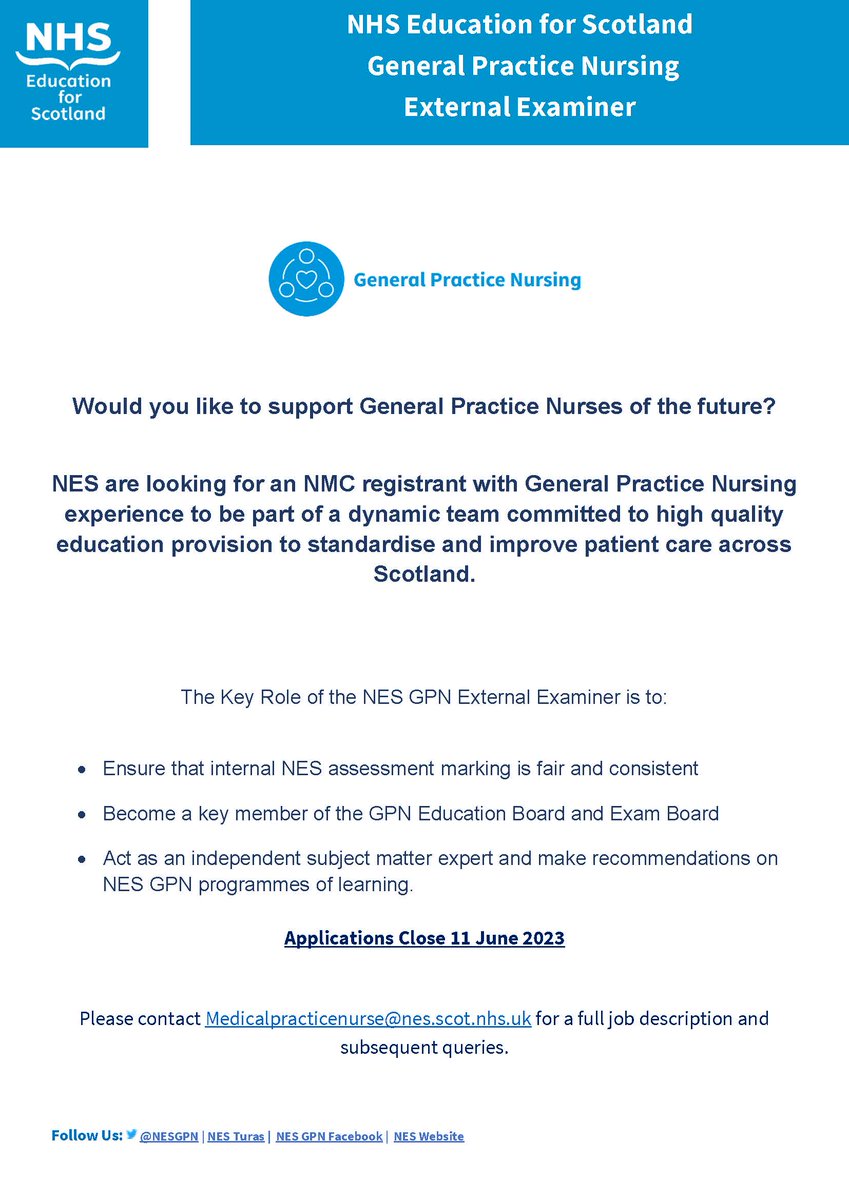 Contact Medicalpracticenurse@nes.scot.nhs.uk for a full job description and application. 

<a href="/CPDConnect/">NHS CPDConnect</a> <a href="/GeneralNes/">NES_General Practice Management</a> <a href="/NHS_Education/">NHS Education for Scotland (NES)</a> <a href="/NESnmahp/">NESnmahp</a> <a href="/nes_qi/">NES Quality Improvement</a> @nes