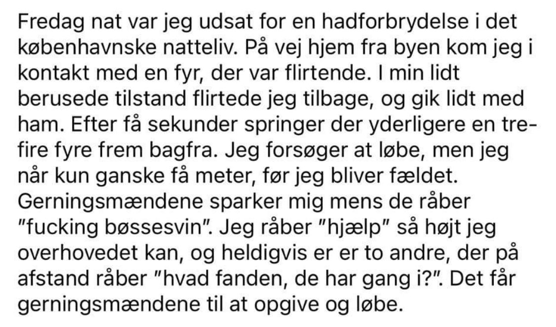 “Fucking bøssesvin!” En bøsse har fået tæsk i det københavnske natteliv. Igen. Er blevet sparket mens han lå på jorden.  Denne gang er det en af mine venners venner. Homofobi er ikke datid. Det er nutid, og det er hele tiden. Og det gør mig så ked af det #dkpol #dkmedier