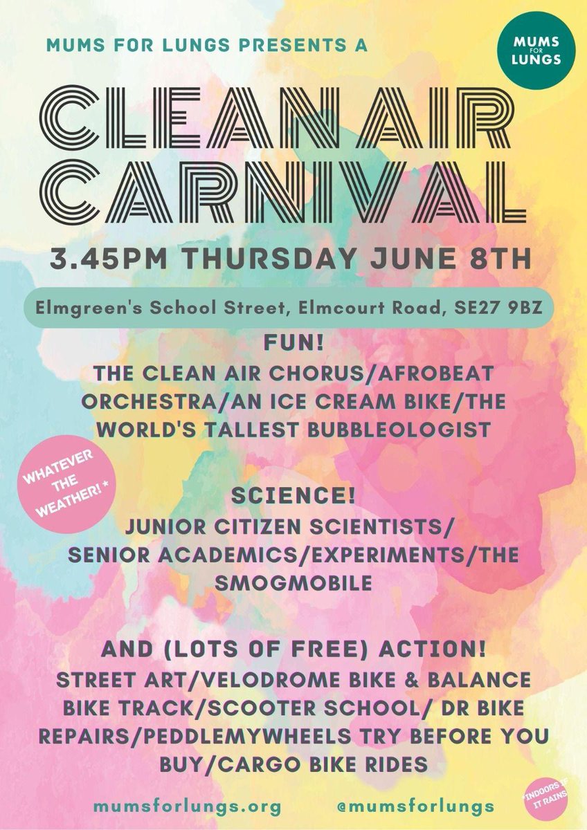 Mums For Lungs (@mumsforlungs) on Twitter photo Three days to go until our #CleanAirCarnival 🥳.
Come and enjoy <a href="/elmgreenschool/">The Elmgreen School</a>'s #SchoolStreet and hear from #Lambeth & #Southwark leaders about how they are tackling our dirty air.
Join in our School Streets celebration after school this Thursday (8th)! #HerneHill Three days to go until our #CleanAirCarnival 🥳.
Come and enjoy <a href="/elmgreenschool/">The Elmgreen School</a>'s #SchoolStreet and hear from #Lambeth & #Southwark leaders about how they are tackling our dirty air.
Join in our School Streets celebration after school this Thursday (8th)! #HerneHill