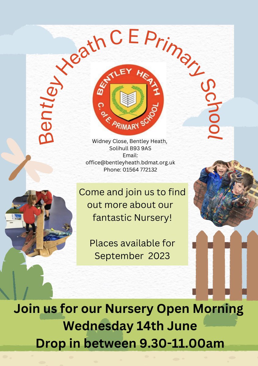 bentleyheathps's tweet image. Come and see our wonderful nursery in action on Wednesday 14th June for our Open Morning. Drop in any time between 9.30-11am! 🤩