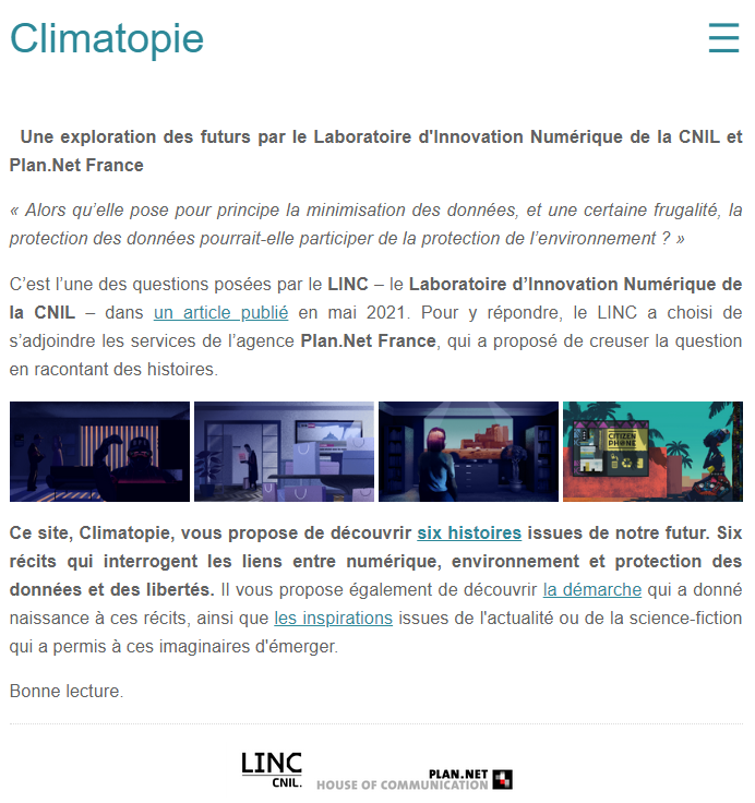 CNIL's tweet image. 🌍🌱En cette #JourneeMondialeDeLenvironnement découvrez ou redécouvrez "Climatopie", une exploration des futurs par le @LINCnil et @PlanNetFrance 👉 climatopie.fr