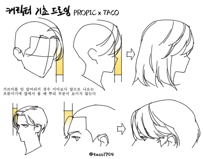 가르마를 탄 앞머리의 경우 이마보다 앞으로 나오기 때문에 옆에서 볼 때 뿌리 부분이 보이지 않는다