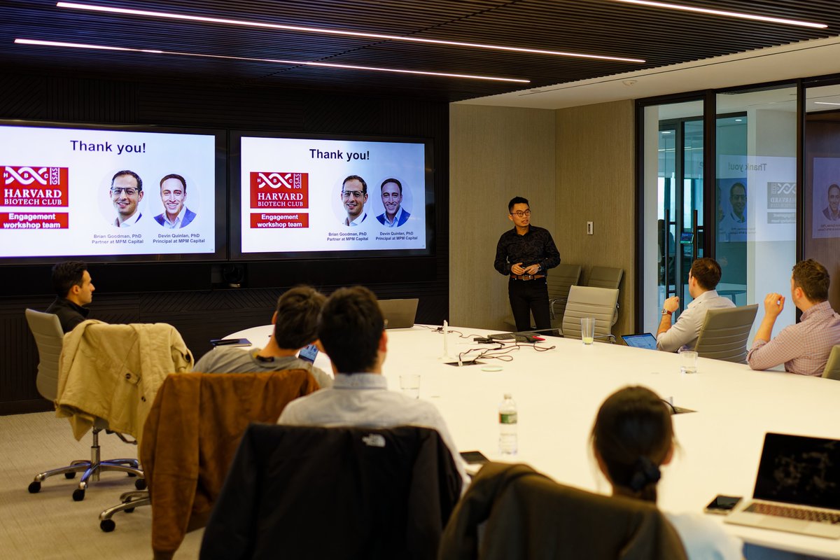 Thank you to Brian Goodman and @devinquinlan at @MPMCapital for hosting the Harvard Biotech Club Pitch Deck Creation Workshop of the Engage series! Students learned the essential elements of a compelling pitch deck and presented their business ideas to MPM employees for feedback.