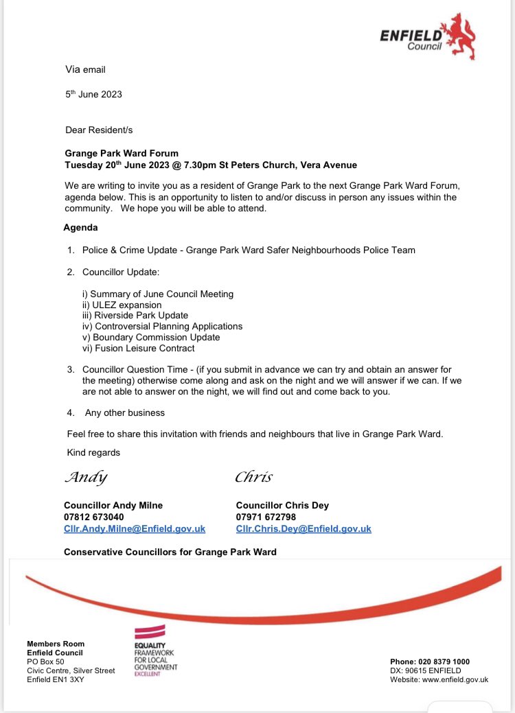Grange Park Residents you are invited to our next Ward Forum:

📆 Tuesday 20th June
🕥 19:30-21:00
📍 St Peter’s Church, Vera Avenue, Grange Park

The Ward Safer Neighbourhoods Police team will be there

You will also hear updates from your Councillors and can ask questions
