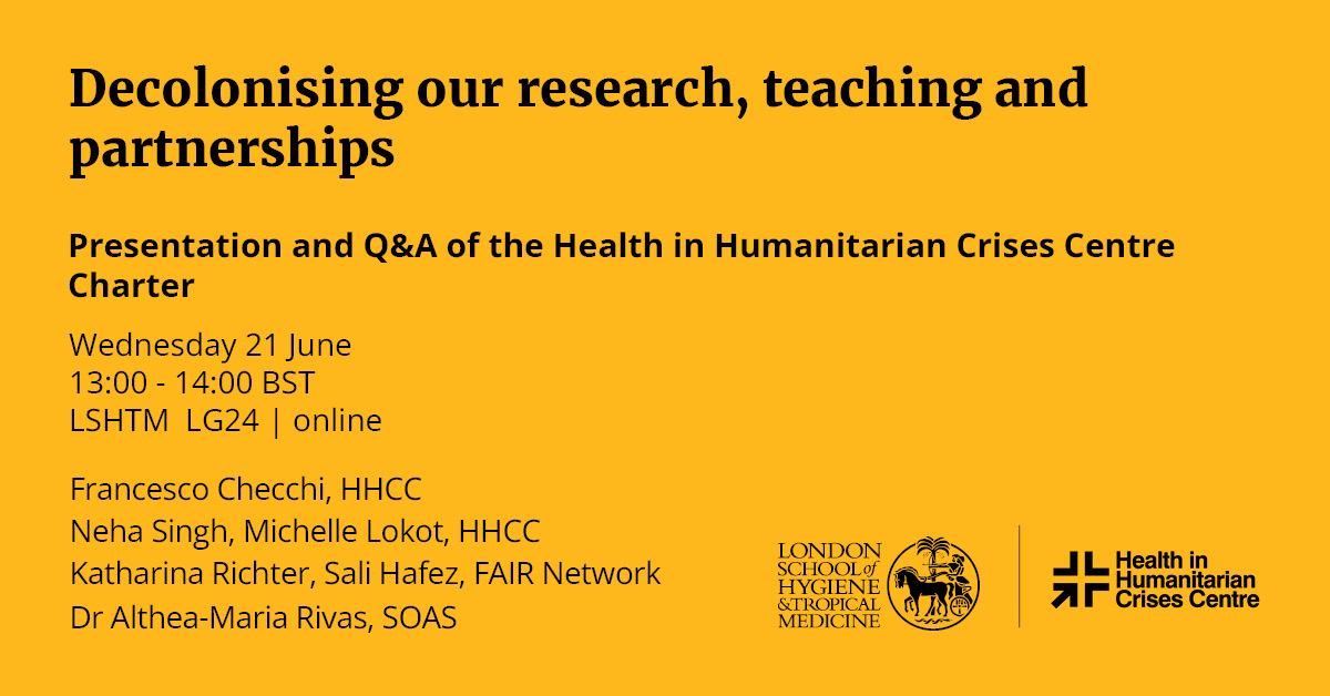 Health in Humanitarian Crises Centre, LSHTM (@lshtm_crises) on Twitter photo 👋Want to find out more about our commitments to #decolonising all our work <a href="/LSHTM_Crises/">Health in Humanitarian Crises Centre, LSHTM</a>?
Attend the presentation of our newly launched charter & implementation guidance and join the conversation over lunch🥗
📅21 June 2023
⏲️13:00 UK time
📍 LSHTM
🔗tinyurl.com/2ebymypw 👋Want to find out more about our commitments to #decolonising all our work <a href="/LSHTM_Crises/">Health in Humanitarian Crises Centre, LSHTM</a>?
Attend the presentation of our newly launched charter & implementation guidance and join the conversation over lunch🥗
📅21 June 2023
⏲️13:00 UK time
📍 LSHTM
🔗tinyurl.com/2ebymypw
