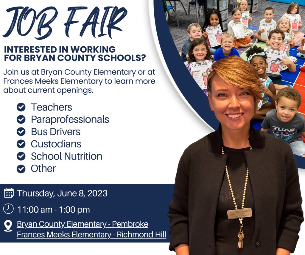 Bryan County Schools (@bryancoschools) on Twitter photo Are you interested in working for Bryan County Schools? Join us this Thursday for a Job Fair at Bryan County Elementary School in Pembroke or Frances Meeks Elementary School in Richmond Hill. Are you interested in working for Bryan County Schools? Join us this Thursday for a Job Fair at Bryan County Elementary School in Pembroke or Frances Meeks Elementary School in Richmond Hill.