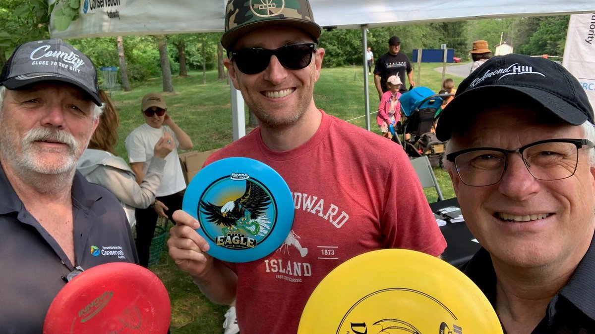 DavidWestRH's tweet photo. As a member of @TRCA_HQ board it was terrific to join the #GrandOpening of the Bruce's Mill #DiscGolf course.

I’m proud of the work that’s been done to open this new course, offering access to this fusion sport of frisbee throwing and golf - a great, year round, family friendly sport that is taking off in Ontario and beyond. (I bogeyed the two holes, but I'll be back!)

Thanks to Stouffville Deputy Mayor @CouncillorKroon  and RH resident Mark Lennox for all their work in getting the course open https://t.co/vTEBW1Kpux
with ChainLink Disc Golf