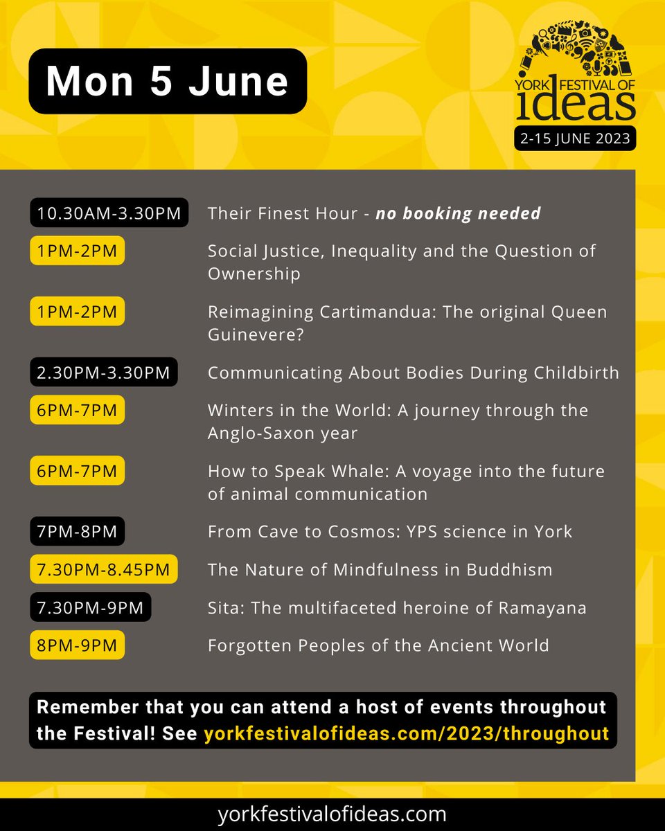 Happy Monday, everyone!🥳 And it's a Monday to be VERY excited about: lots of online events on a wide range of topics - from animal communication to forgotten peoples of the ancient world - plus some great in-person events including a concert with @manasamitraUK 🤩 #YorkIdeas