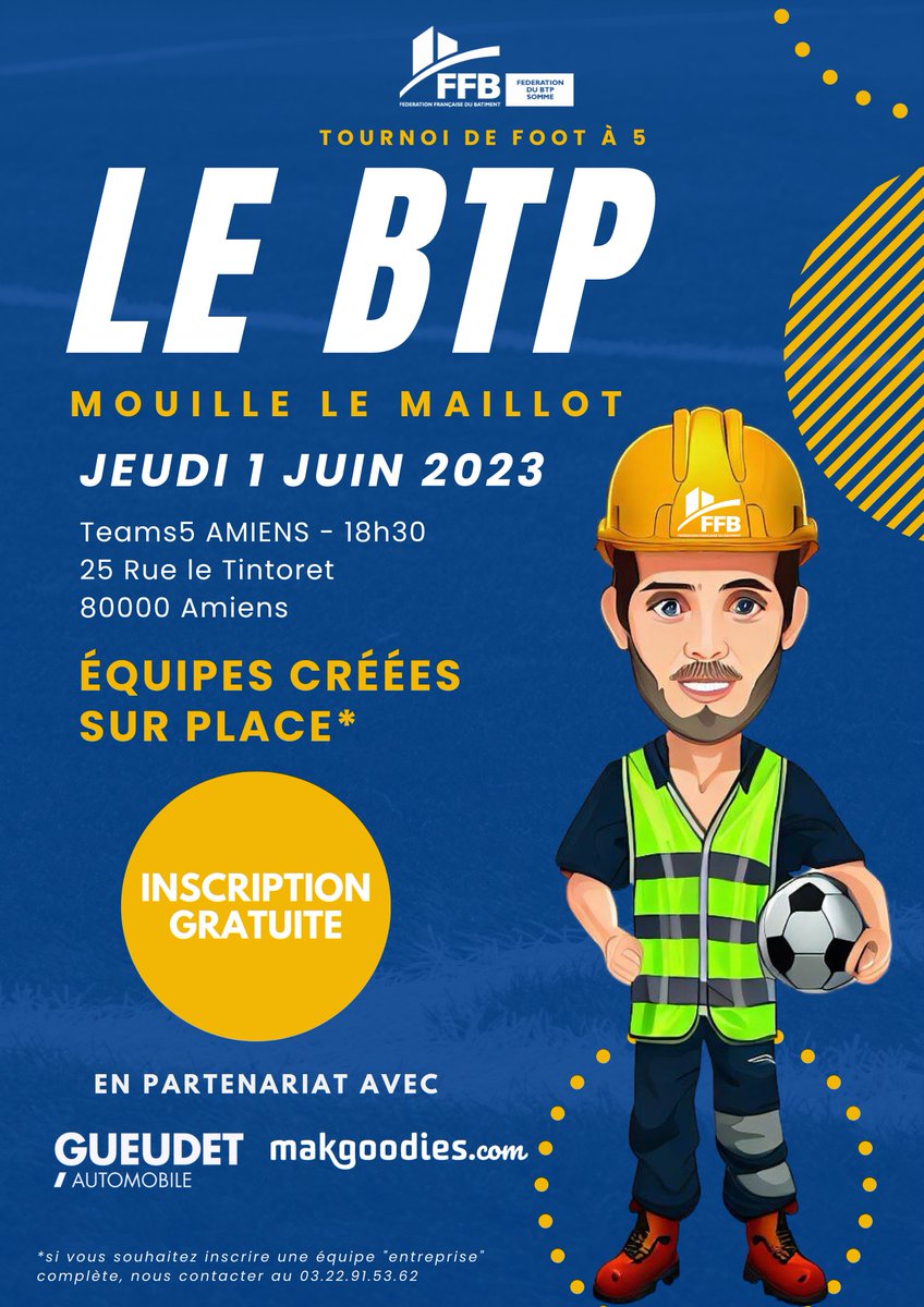 fbtpsomme's tweet photo. 👷 Jeudi soir avait lieu la première édition du "BTP Mouille le Maillot"

Un tournoi de foot à 5 regroupant 10 équipes adhérentes et partenaires FBTP Somme ⚽

Un grand bravo à l'entreprise @DiruyPro, vainqueur du tournoi ! 🏆

🤝 Merci à nos partenaires Gueudet et Makgoodies https://t.co/Vt9CSWfS4X